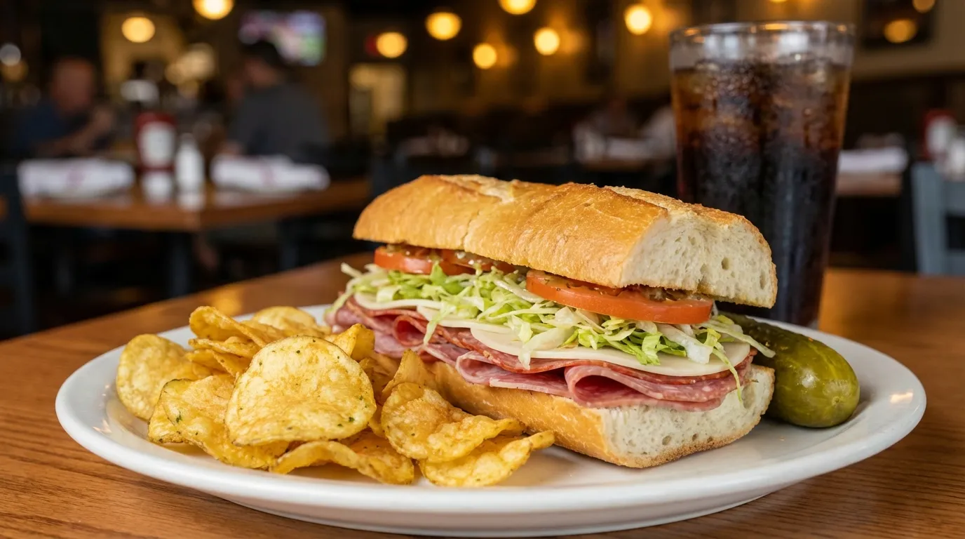 Serving suggestion for Grinder Sandwich Recipe with chips and pickles