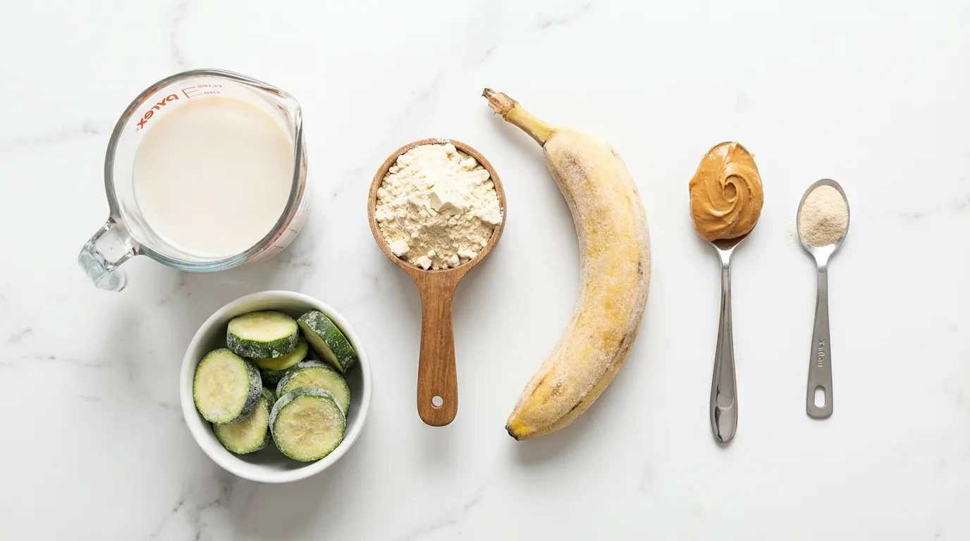 Ingredients for the best protein milkshake recipe including frozen fruit and whey