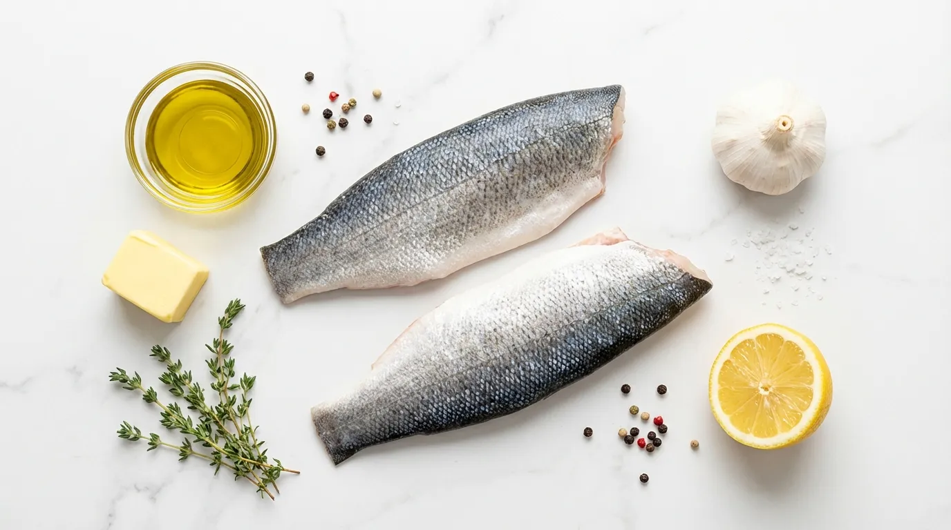 Fresh ingredients for making a branzino fillet recipe including fish, lemon, and herbs