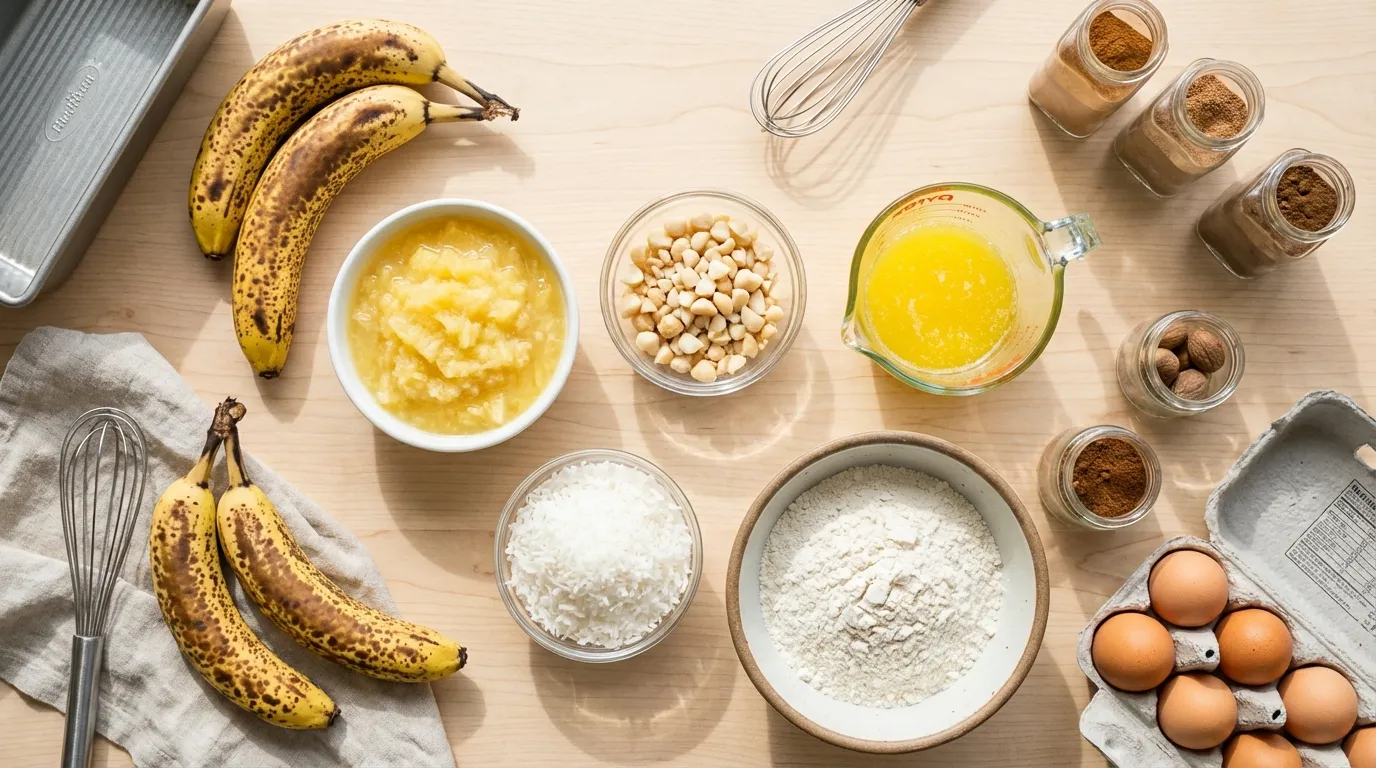 Ingredients for hawaiian banana bread recipe including bananas pineapple and coconut