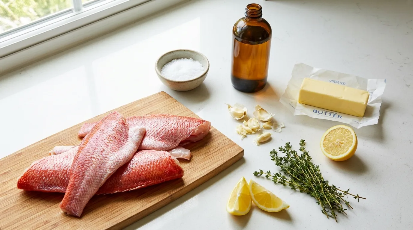 Ingredients for scarlet snapper recipe including fresh fish and herbs