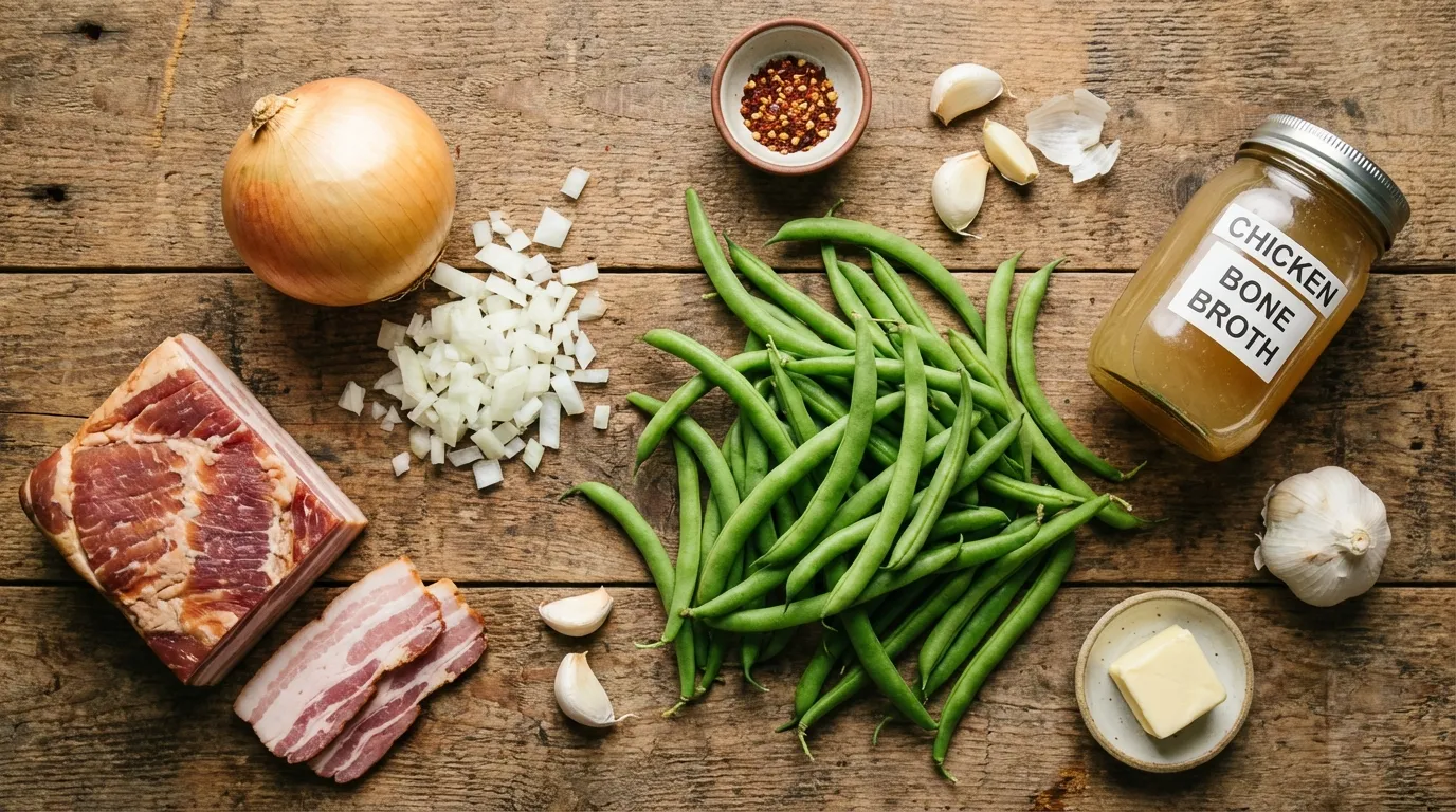 Ingredients for southern snap beans recipe including fresh beans and bacon