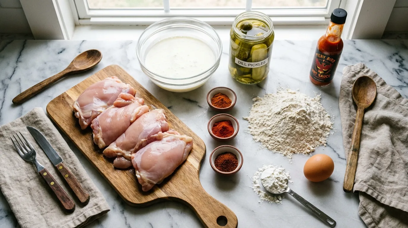 Ingredients for spicy chicken sandwich recipe including chicken thighs and spices