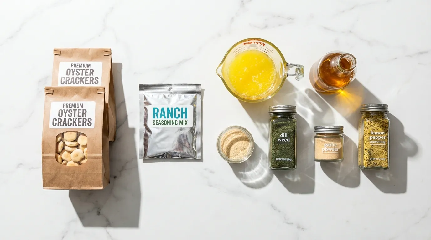 Ingredients display for ranch oyster cracker recipe on marble