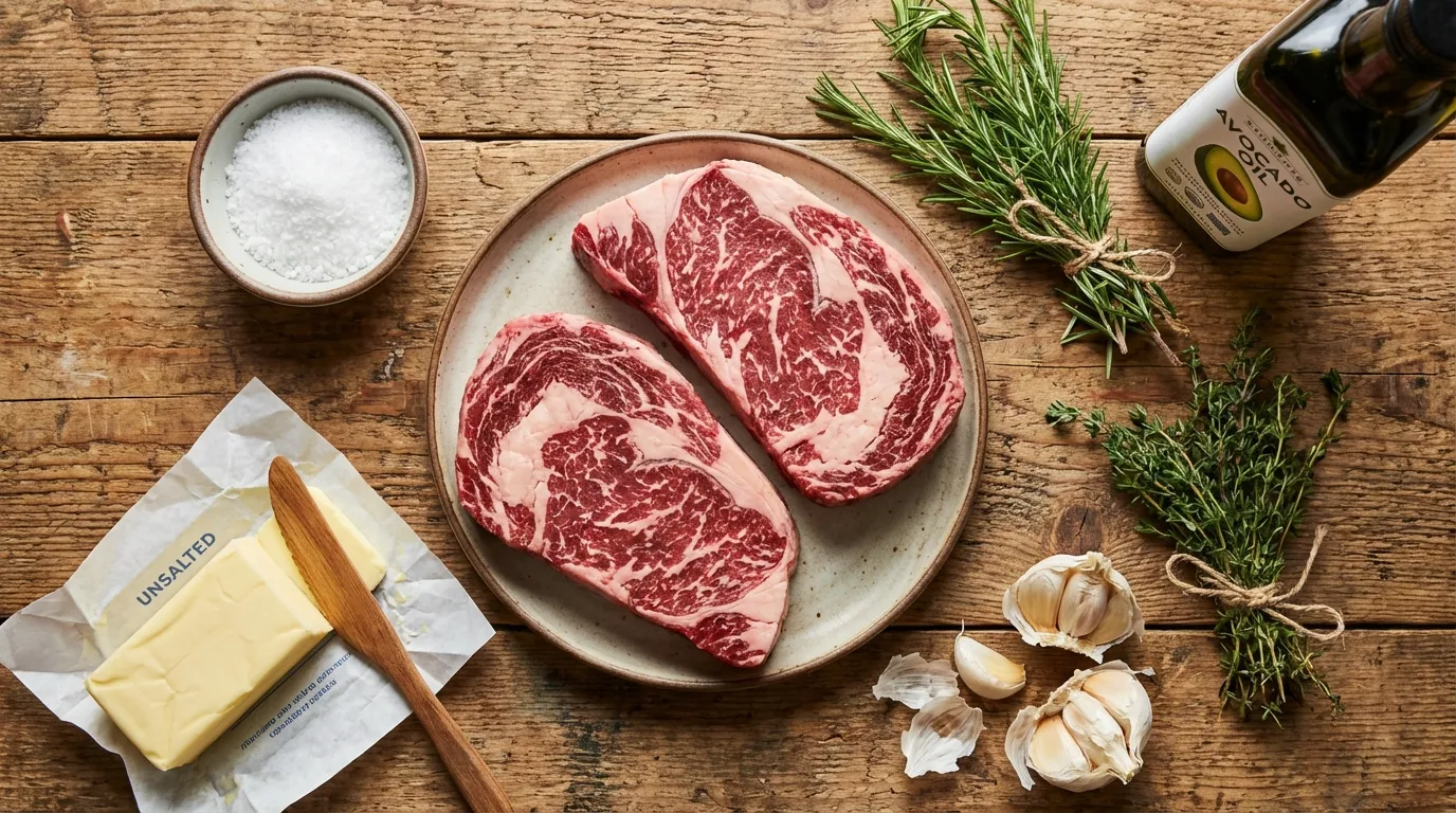 Ingredients for beef chuck eye steak recipe including raw meat and herbs