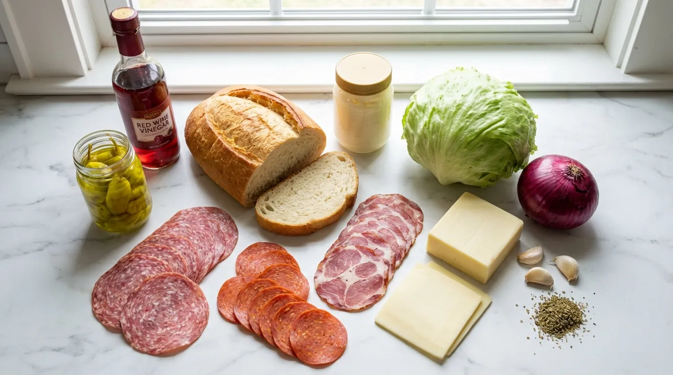 Ingredients for the Italian Grinder Sandwich Recipe including meats and salad components