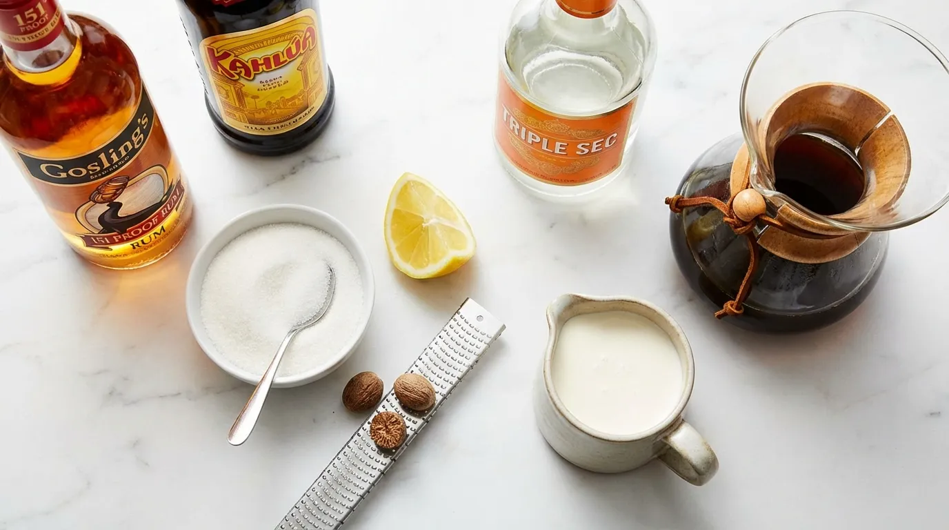 Ingredients for spanish coffee recipe including rum and coffee liqueur