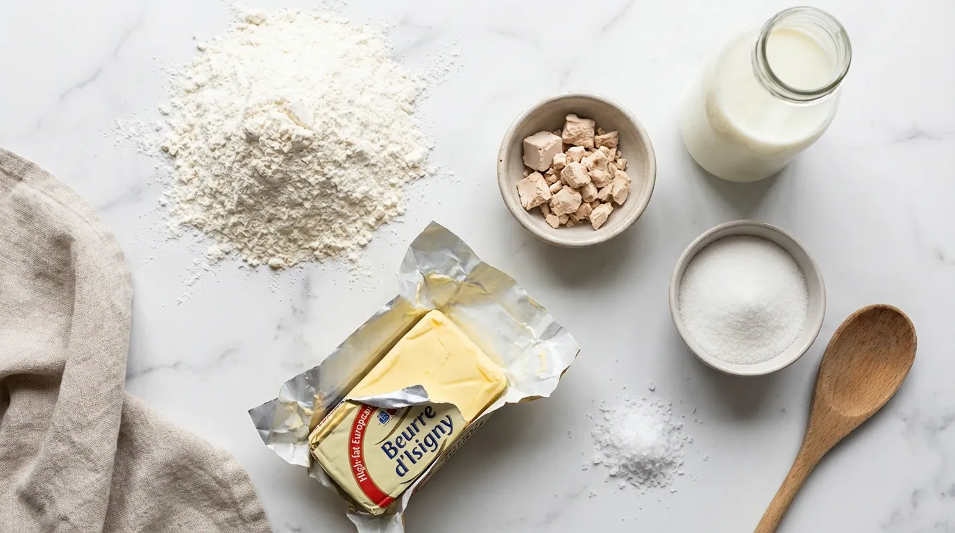 Ingredients for authentic gipfeli recipe including flour butter and yeast