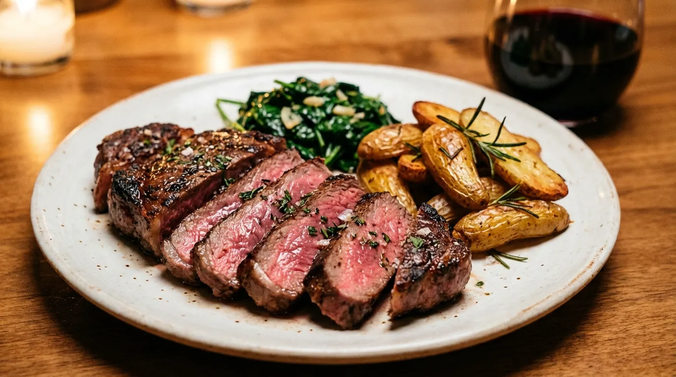 Sliced medium-rare chuck eye steak recipe served with potatoes and wine