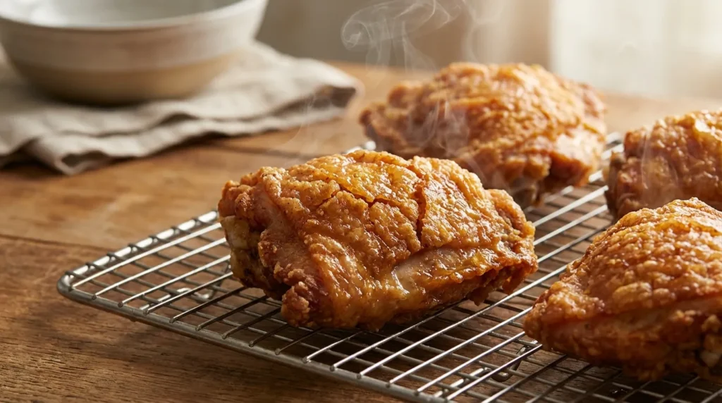Golden crispy fried chicken thighs recipe cooling on a wire rack