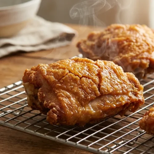 Golden crispy fried chicken thighs recipe cooling on a wire rack