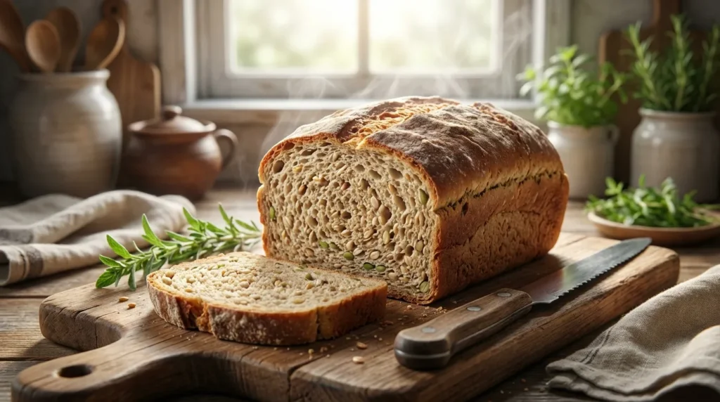 Freshly baked loaf of homemade ezekiel bread recipe on a wooden board