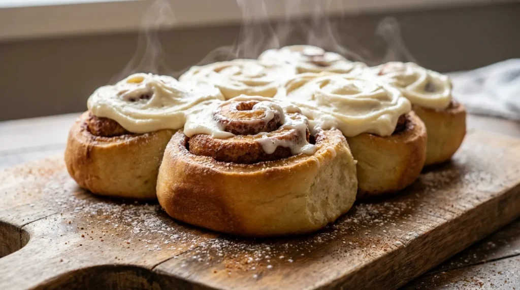 Fluffy cinnamon rolls frosting recipe without cream cheese on warm buns