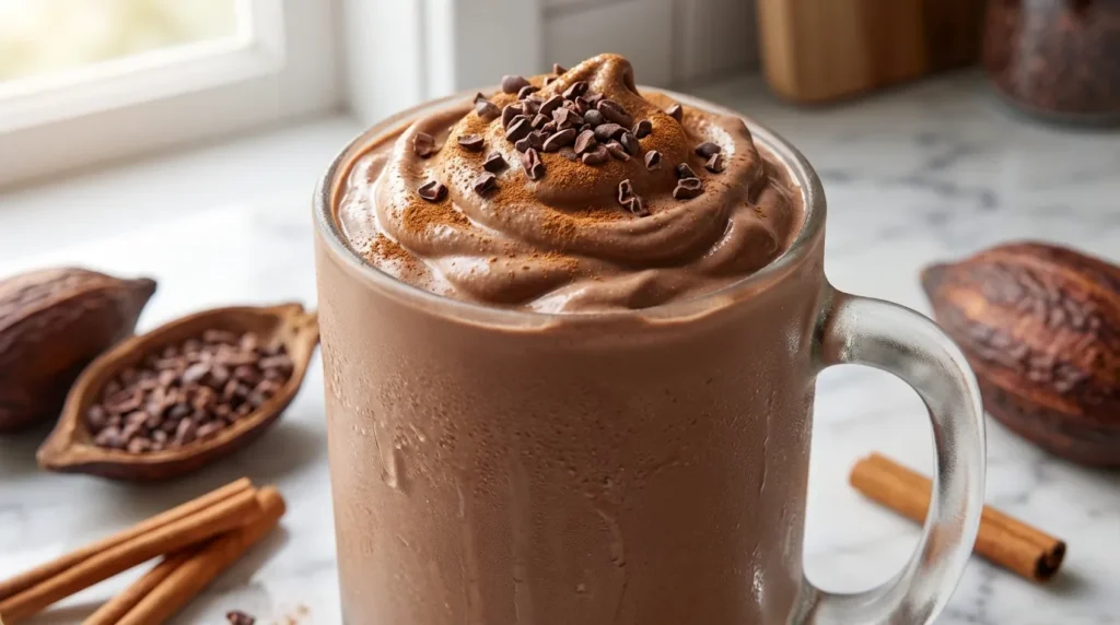 Thick and creamy protein milkshake recipe served in a frosted glass