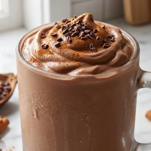 Thick and creamy protein milkshake recipe served in a frosted glass