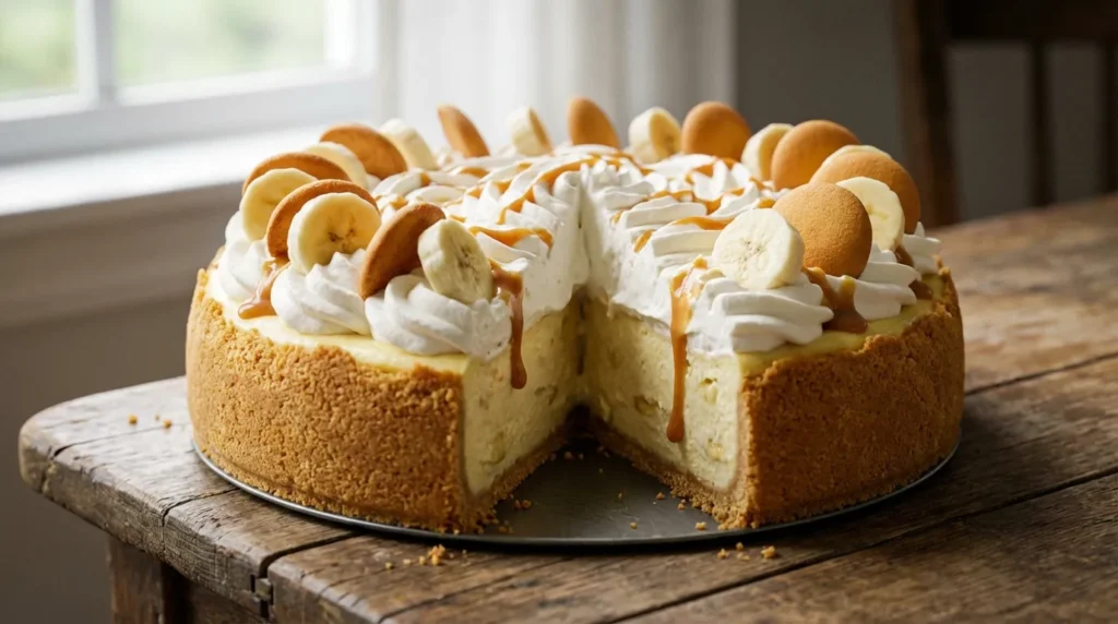 Ultimate creamy banana pudding cheesecake recipe with whipped cream topping