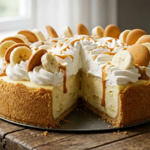 Ultimate creamy banana pudding cheesecake recipe with whipped cream topping