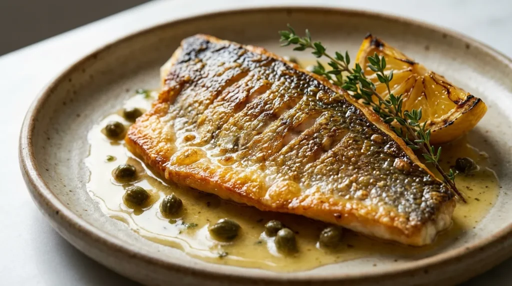 Golden crispy pan-seared branzino fillet recipe with lemon butter sauce