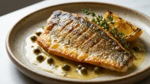Golden crispy pan-seared branzino fillet recipe with lemon butter sauce