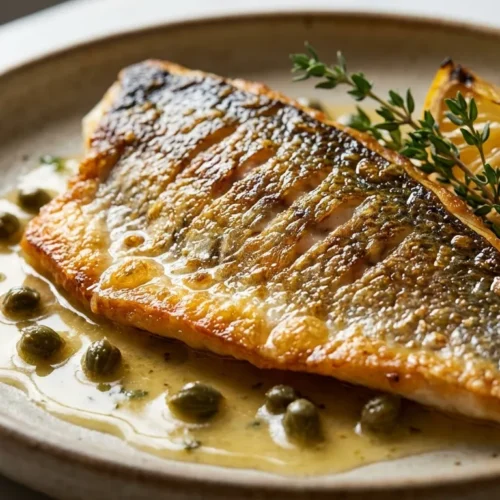 Golden crispy pan-seared branzino fillet recipe with lemon butter sauce