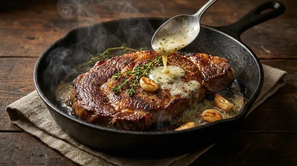 Pan-seared chuck eye steak recipe in a cast iron skillet with garlic butter