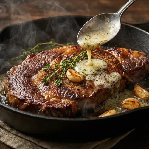 Pan-seared chuck eye steak recipe in a cast iron skillet with garlic butter