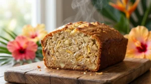 Slice of moist hawaiian banana bread recipe with macadamia nuts and pineapple