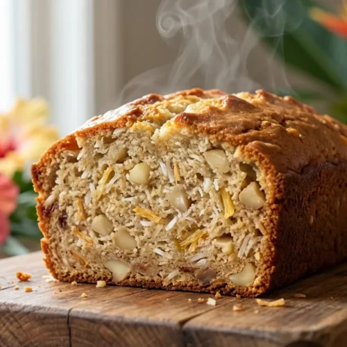Slice of moist hawaiian banana bread recipe with macadamia nuts and pineapple