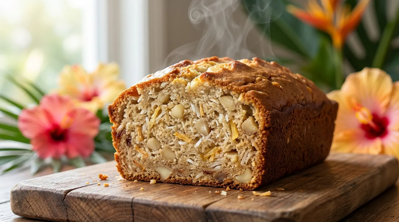 Slice of moist hawaiian banana bread recipe with macadamia nuts and pineapple