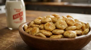 Golden brown ranch oyster cracker recipe in a wooden bowl