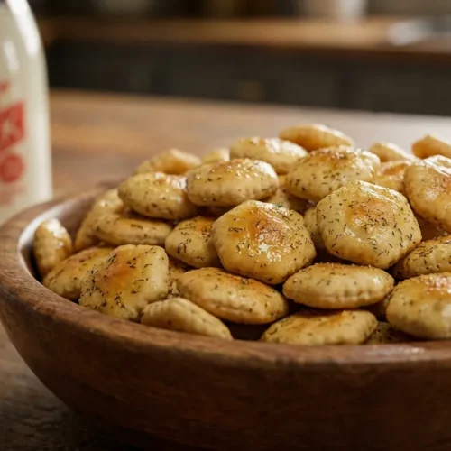 Golden brown ranch oyster cracker recipe in a wooden bowl
