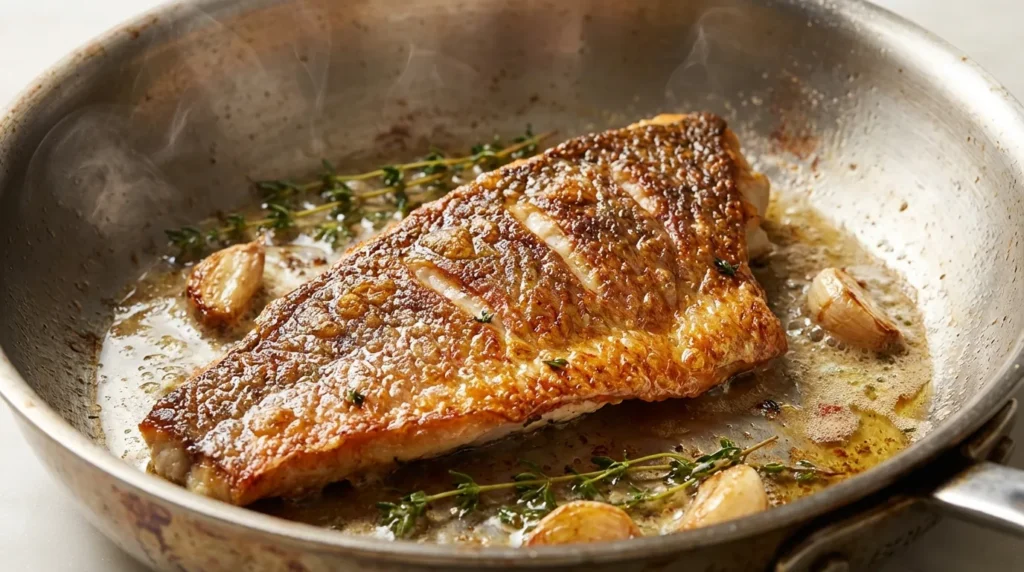 Pan-seared scarlet snapper recipe with crispy skin in a skillet