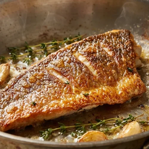 Pan-seared scarlet snapper recipe with crispy skin in a skillet