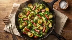 Crispy Garlic Butter Brussels Cabbage Recipe in a Cast Iron Skillet