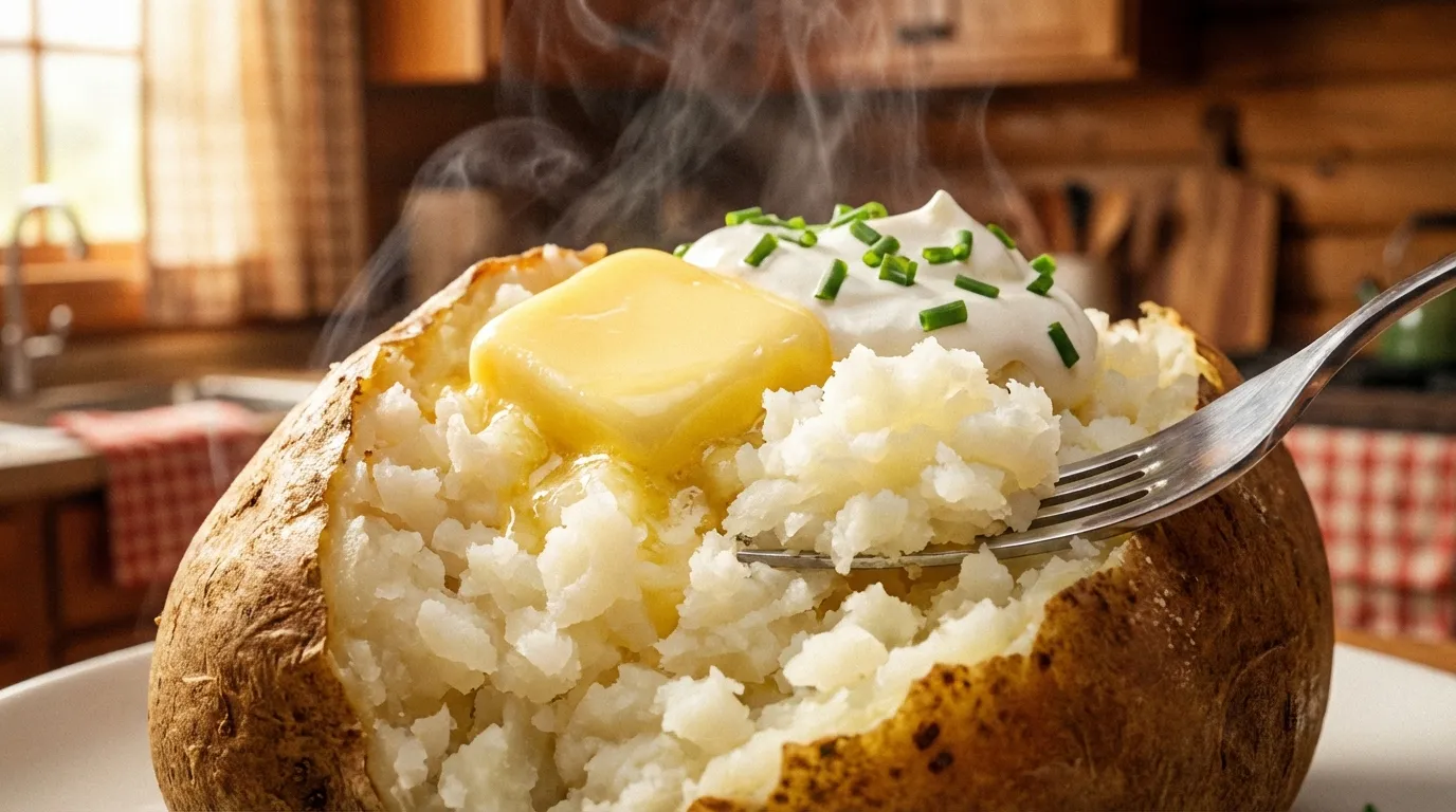 A fluffy microwave baked potato sliced open on a white plate, topped with a pat of melting butter, a dollop of sour cream, and a sprinkle of fresh chives.