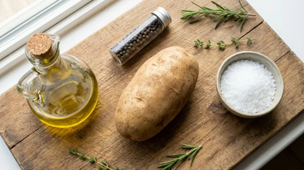 The simple ingredients for a microwave baked potato, including a whole Russet potato, a small cruet of olive oil, and bowls of salt and pepper on a wooden board.