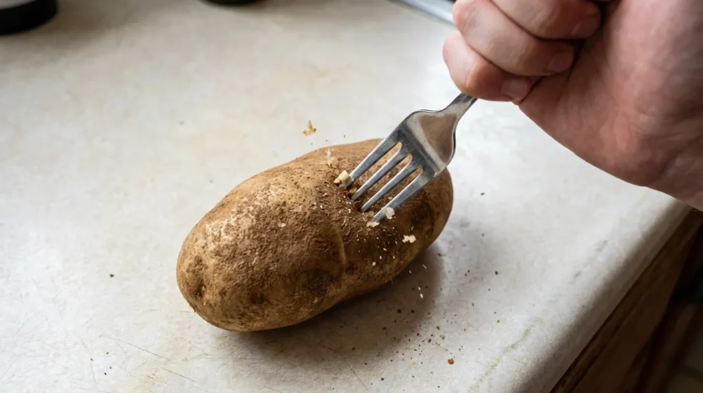 A close-up shot of a hand using a metal fork to pierce the skin of a clean Russet potato before cooking it in the microwave.