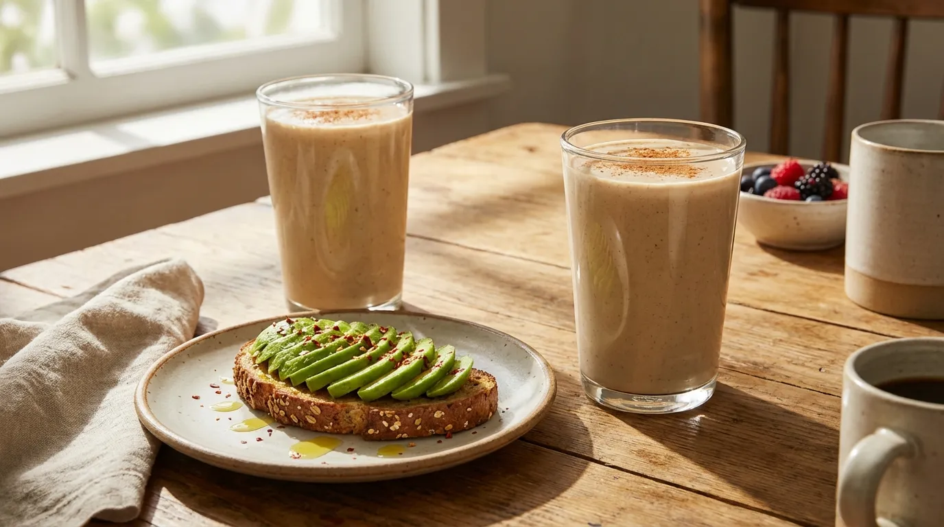 Serving suggestion for protein milkshake recipe with avocado toast