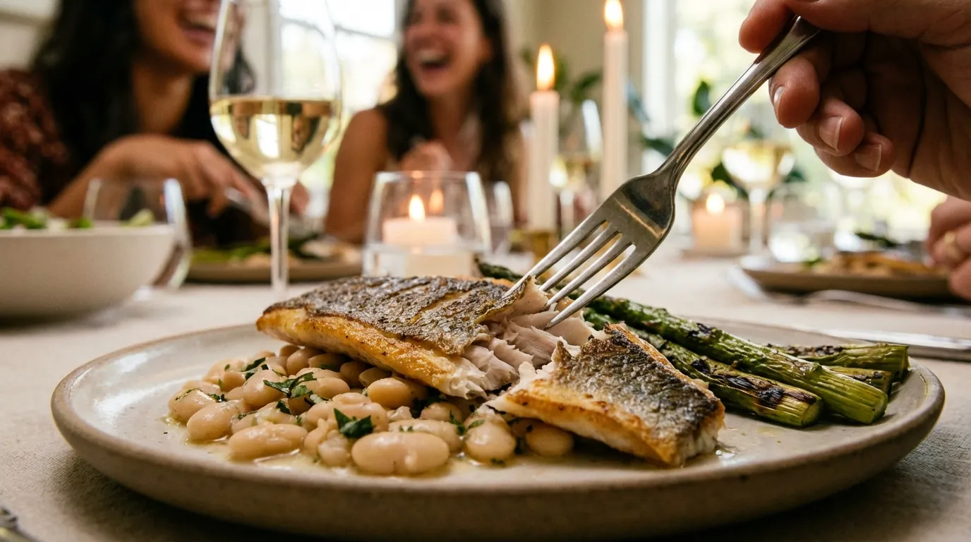 Branzino fillet recipe served with creamy white beans and asparagus