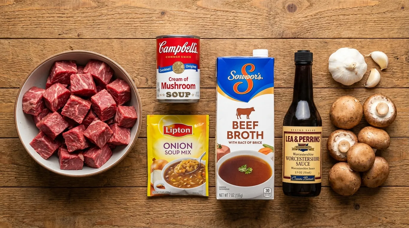 ingredients for beef tips crock pot recipe including chuck roast and mushroom soup