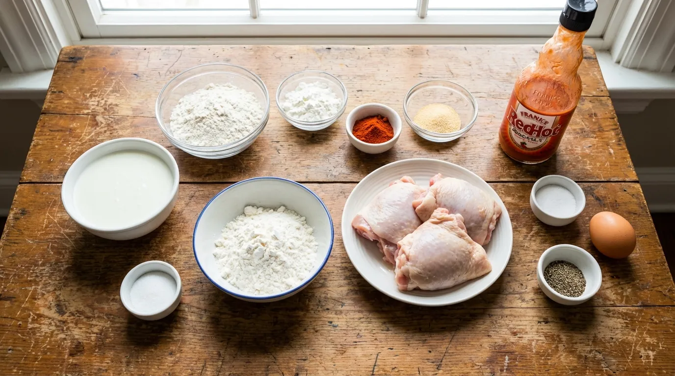 Ingredients for fried chicken thighs recipe including buttermilk and spices