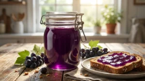 homemade muscadine jelly recipe in jars with fresh grapes