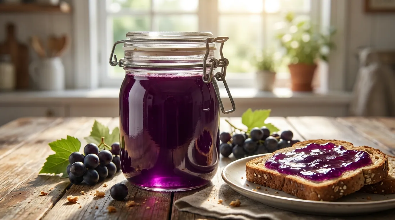 homemade muscadine jelly recipe in jars with fresh grapes