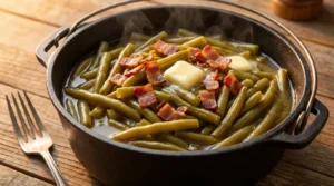 Southern snap beans recipe in a Dutch oven with bacon