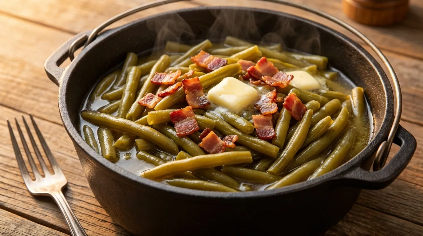 Southern snap beans recipe in a Dutch oven with bacon