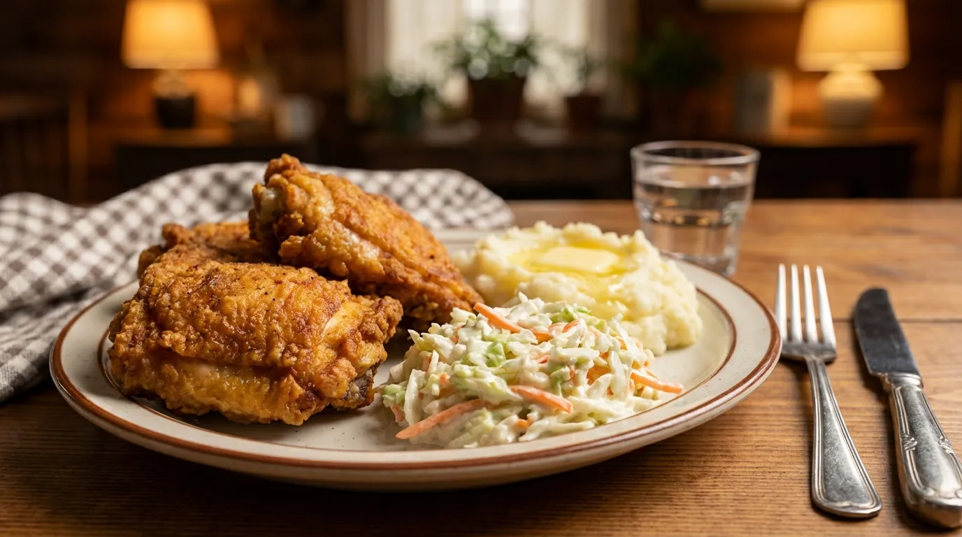Fried chicken thighs recipe served with coleslaw and mashed potatoes