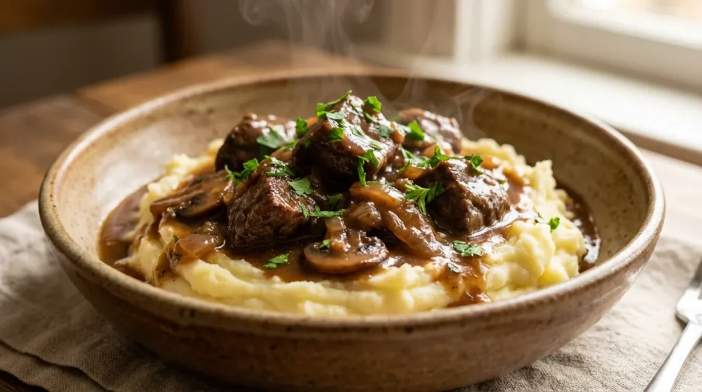 beef tips crock pot recipe served over mashed potatoes