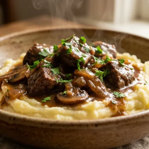 beef tips crock pot recipe served over mashed potatoes
