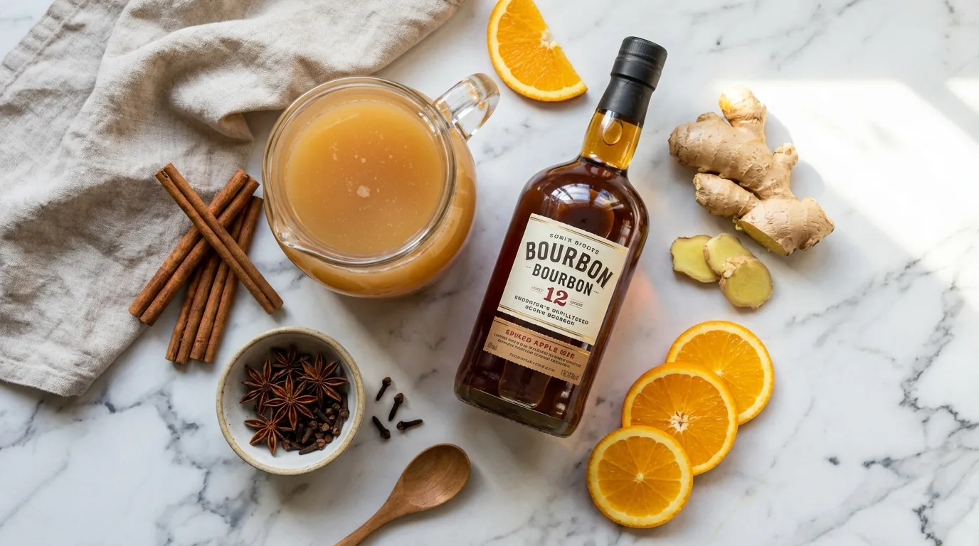 Ingredients for spiked cider recipe including unfiltered cider and spices