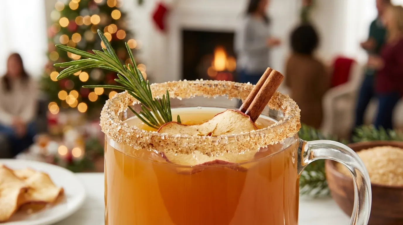 Festive garnished mug of spiked cider recipe with sugared rim